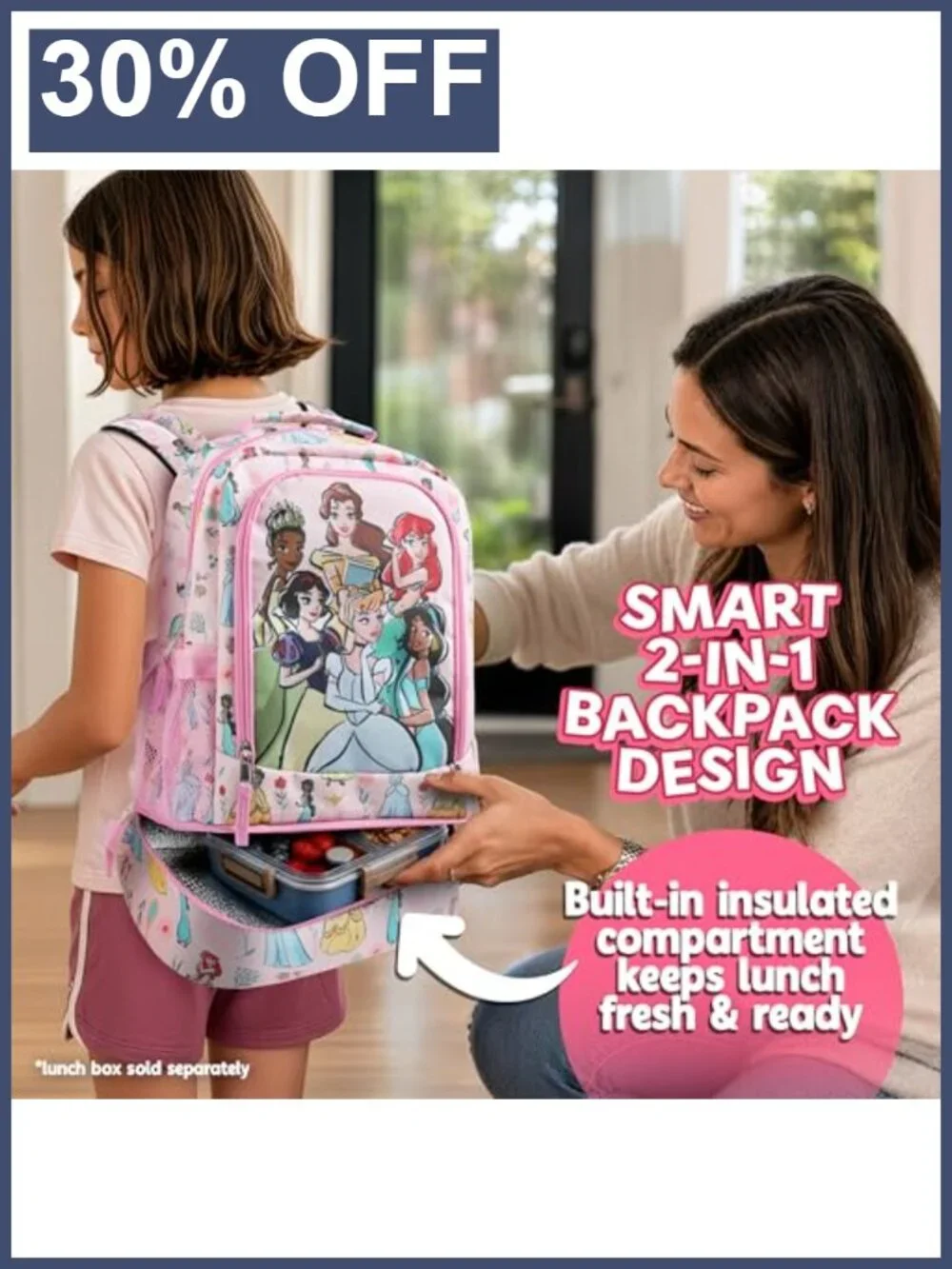 Disney Princess Kids Backpack with Lunch Box Set, School Bag for Boys & Girls